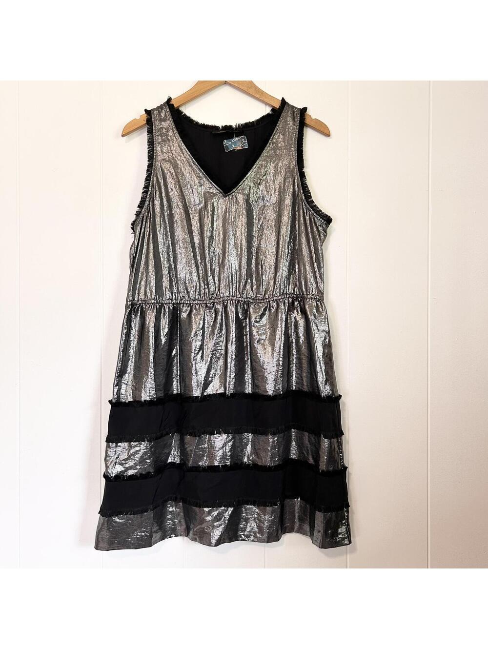 BCBG Maxazria Metallic Silver Black Shimmery Frayed Hem Dress Women's Large
